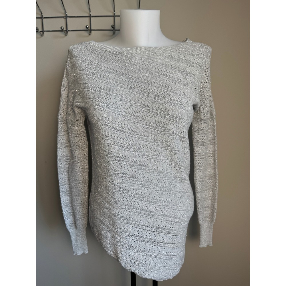 Le Chateau Metallic Silver Off the Shoulder Asymmetrical Tunic Sweater Top XXS‎
